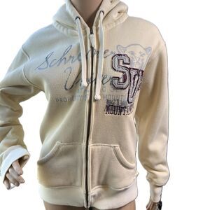 JAmerica Cream ZipUp Drawstring Hood Front Pockets Graphic Print Hoodie Size XS